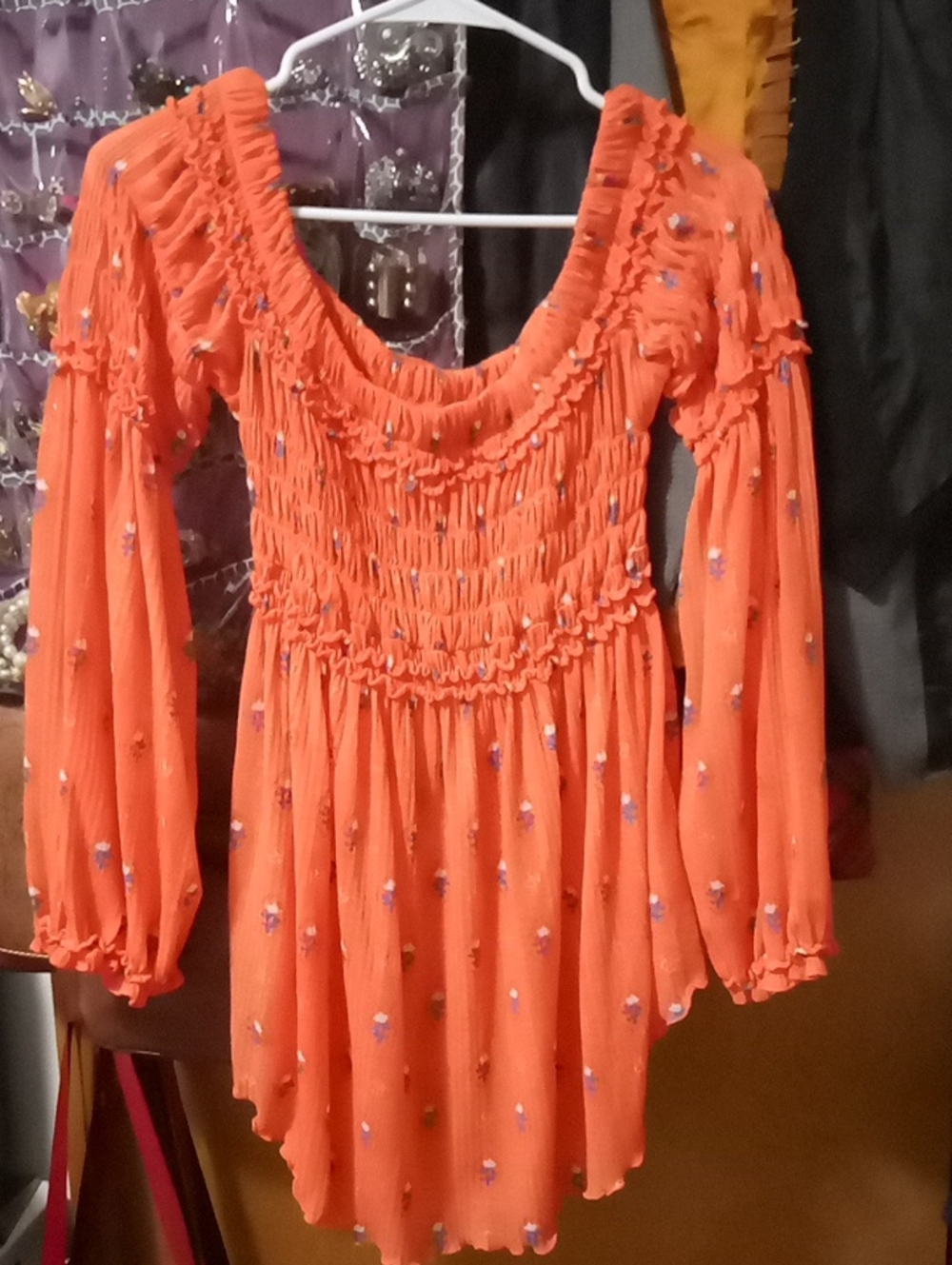 Free People Smocked Off-Shoulder Long Sleeve Top - Orange